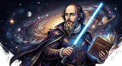 William Shakespeare holding a blue lightsaber and a copy of Hamlet against a galactic backdrop