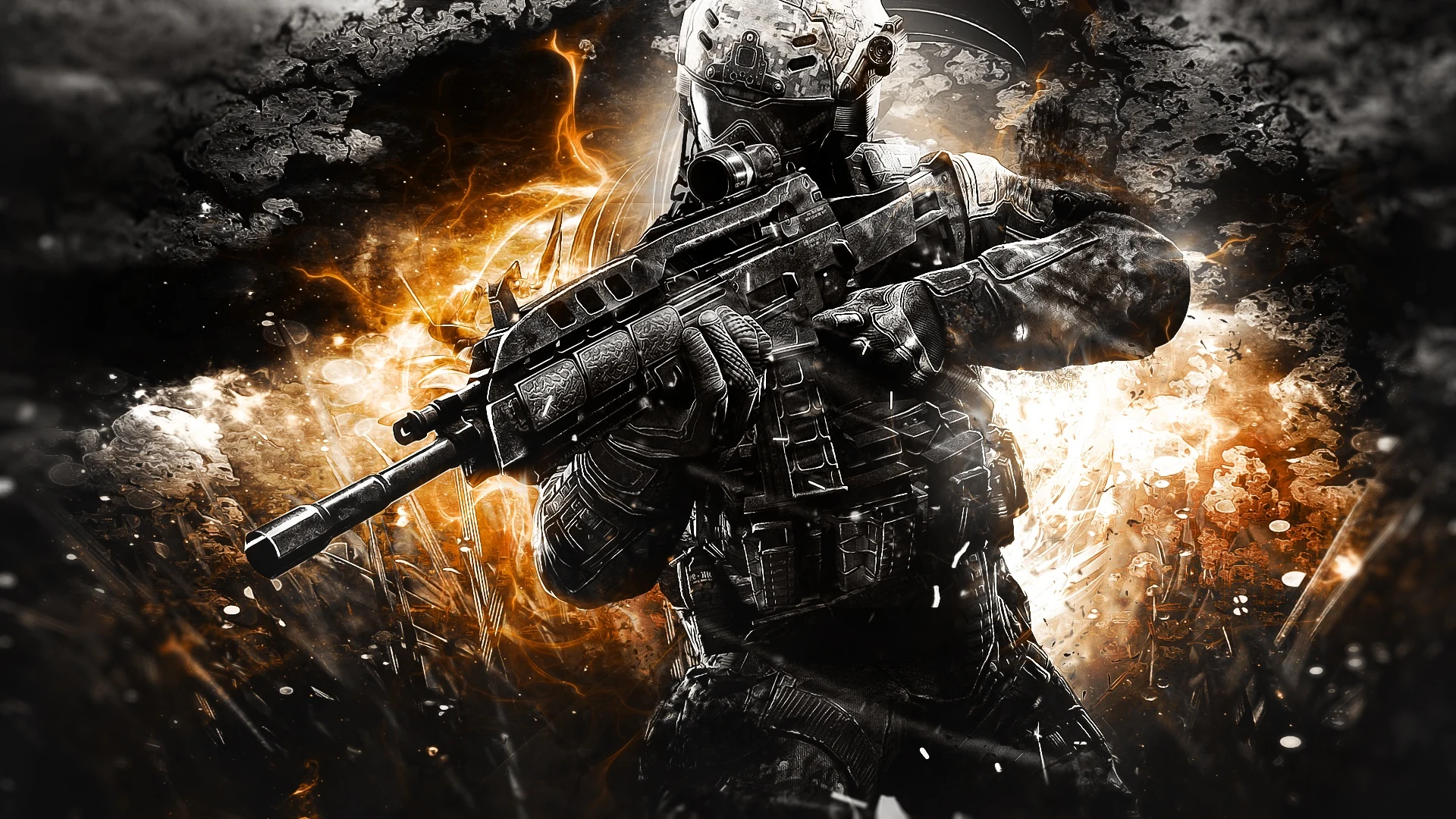 Armoured video game soldier holding a rifle