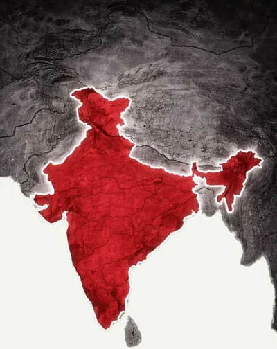 India picked out in red on a dark grey relief map