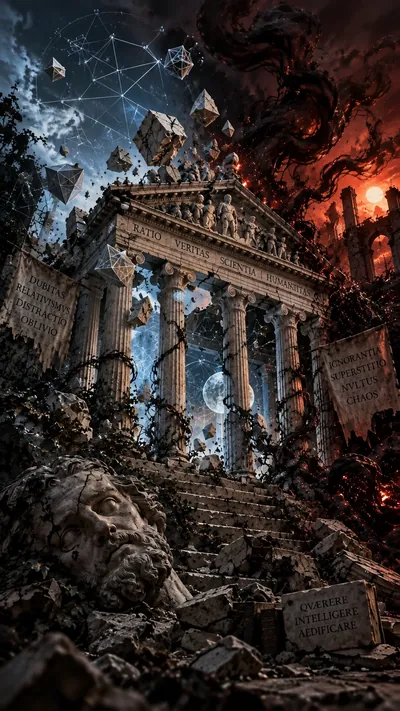 Illustrated stone hall breaking apart between geometric lines and dark smoke