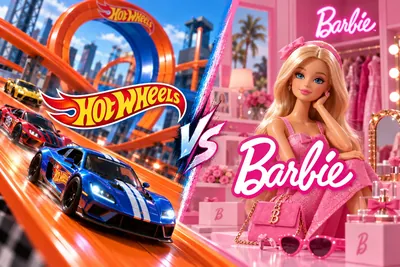 Hot Wheels cars and track beside a Barbie doll