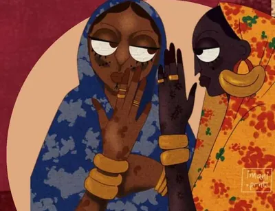 An illustration of two women in headscarves, one whispering into the other’s ear behind her hand