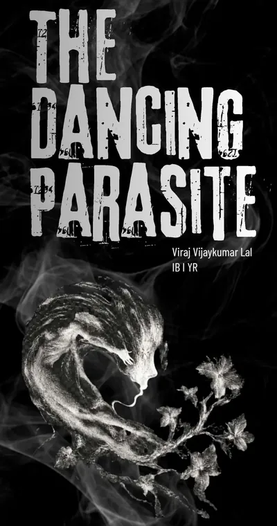 A woman’s profile drawn in smoke, with vine leaves growing from her hair, on black, beneath the title The Dancing Parasite