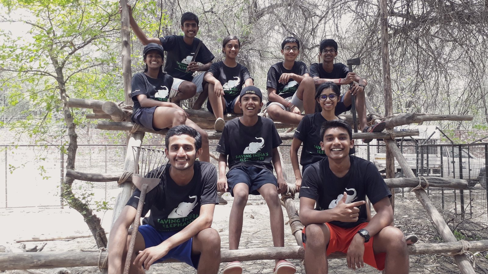 Boarders sitting together on a wooden frame under the trees