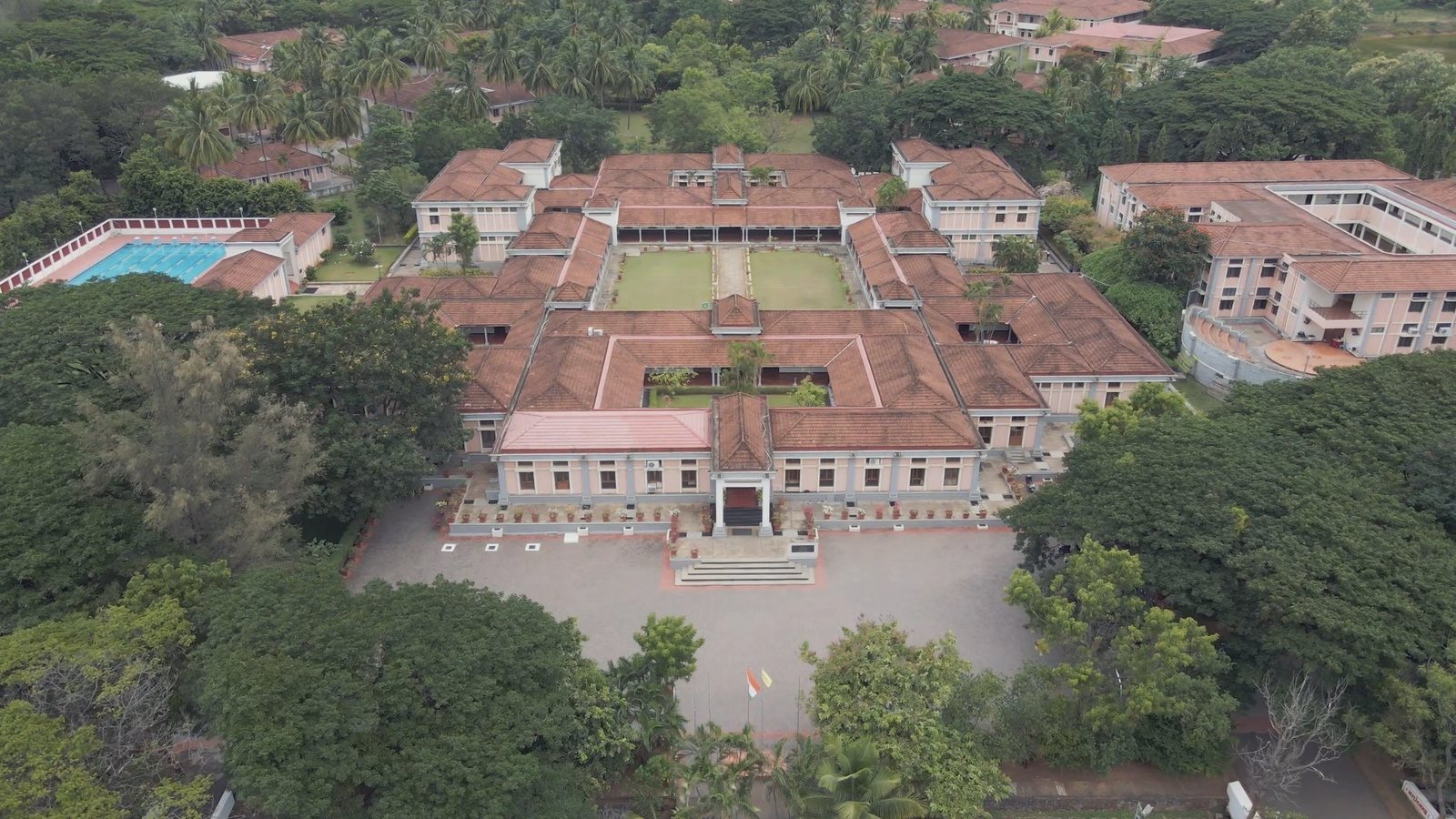 The CIRS campus from the air, the forest closing around it on every side