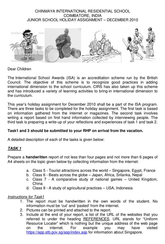 The first page of the CIRS Junior School holiday assignment, December 2010, explaining the International School Award