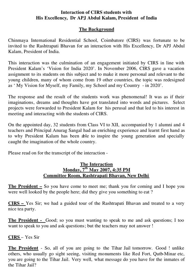 The first typed page of the school's account of its students' meeting with President A. P. J. Abdul Kalam