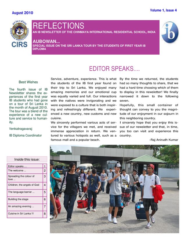 The cover of Reflections, an IB newsletter of the Chinmaya International Residential School, August 2010, with students arriving with their luggage