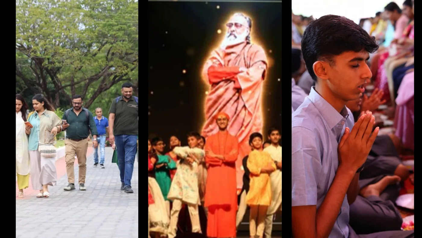 Three photographs side by side: adults walking along a paved path under tall trees; children in bright costumes on a stage around a person in saffron, in front of a large glowing image of a white-bearded figure in robes with his arms crossed; and a boy in a pale shirt with his eyes closed and his palms together, with people seated behind him