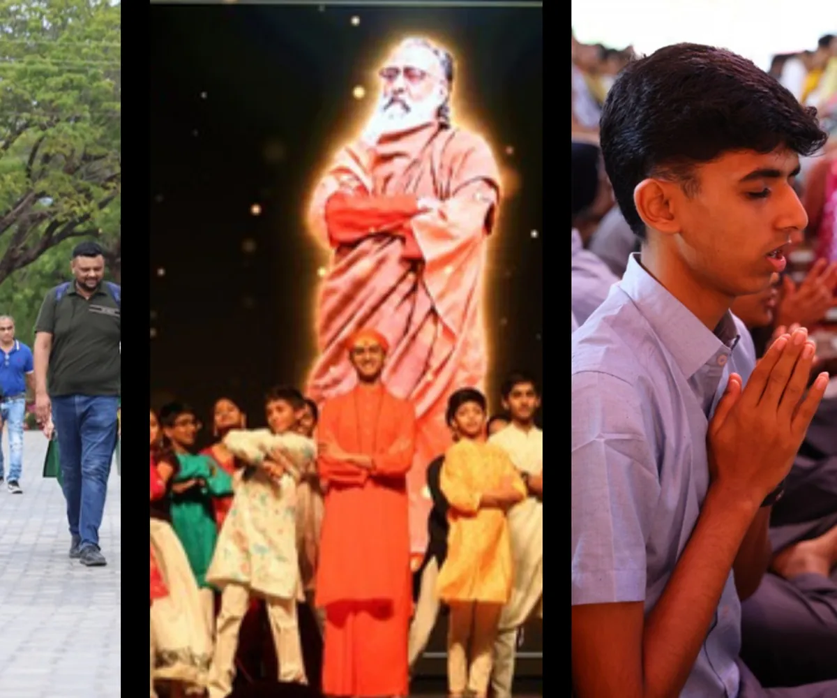 Three photographs side by side: adults walking along a paved path under tall trees; children in bright costumes on a stage around a person in saffron, in front of a large glowing image of a white-bearded figure in robes with his arms crossed; and a boy in a pale shirt with his eyes closed and his palms together, with people seated behind him