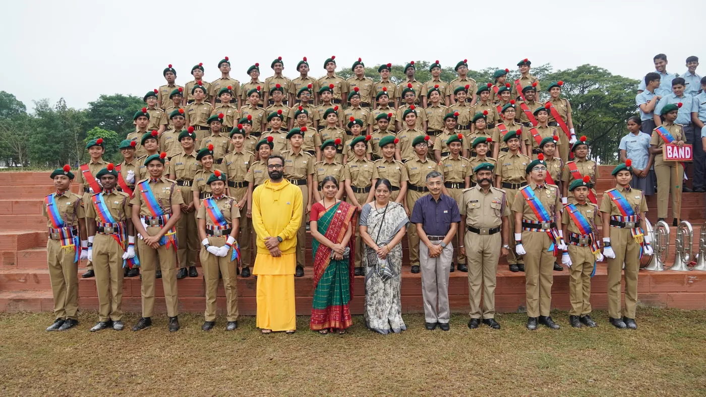 Students in ceremonial uniform with staff at the Republic Day celebration