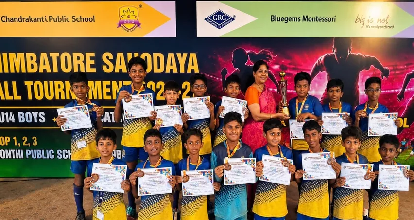 A football team holding certificates in front of a Coimbatore Sahodaya football tournament banner