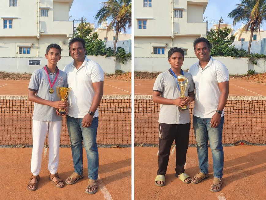 A boy holding a trophy standing beside a man on a clay tennis court, in two photographs side by side