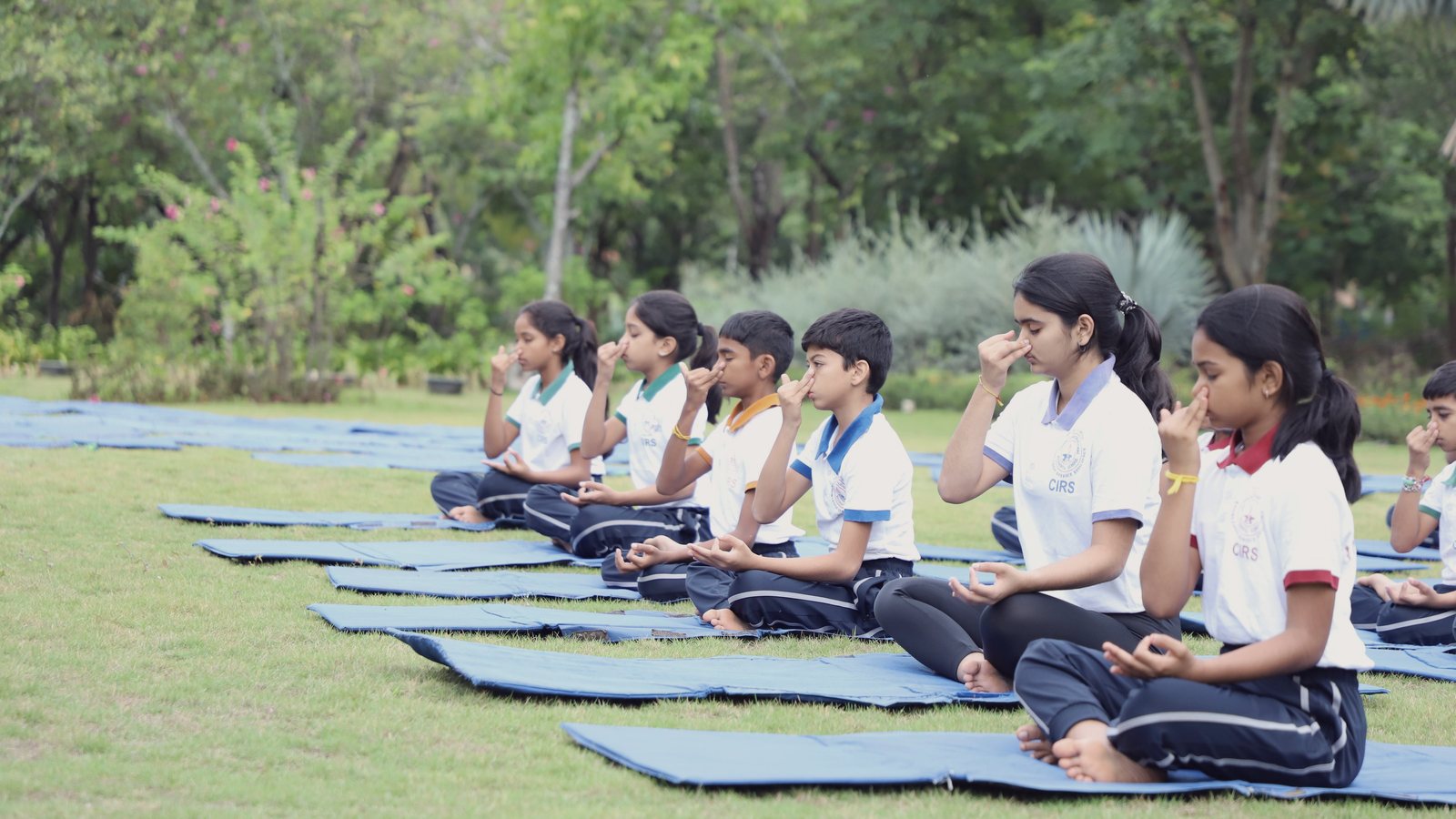 Students at morning practice on mats laid out on the grass